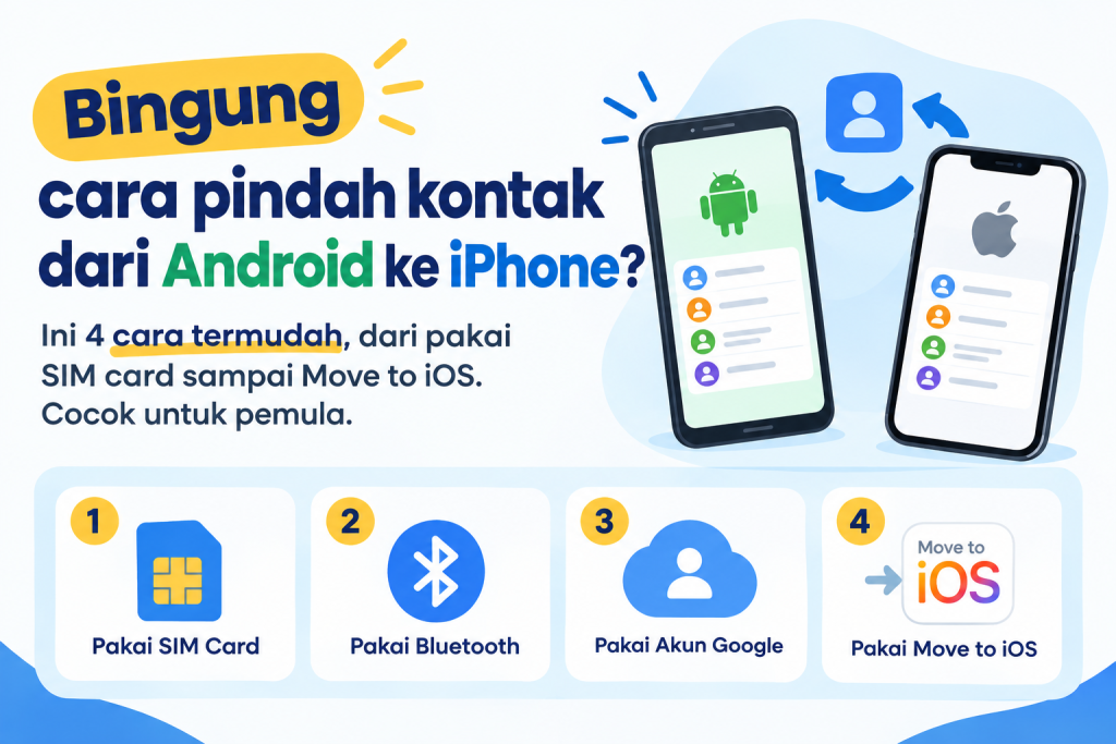 Bingung cara pindah kontak dari Android ke iPhone? Ini 4 cara termudah, dari pakai SIM card sampai Move to iOS. Cocok untuk pemula.